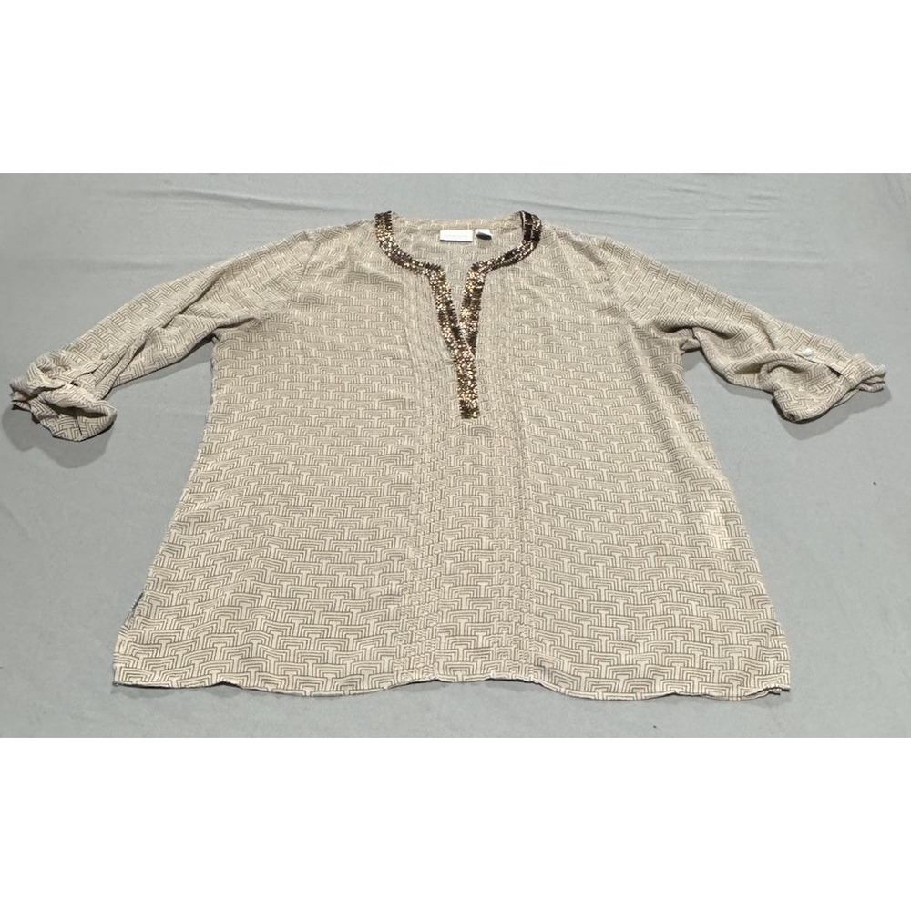 Chico's 3 Sheer Beige Tunic Top Chiffon Beaded Roll tab Sleeve Blouse Cover up